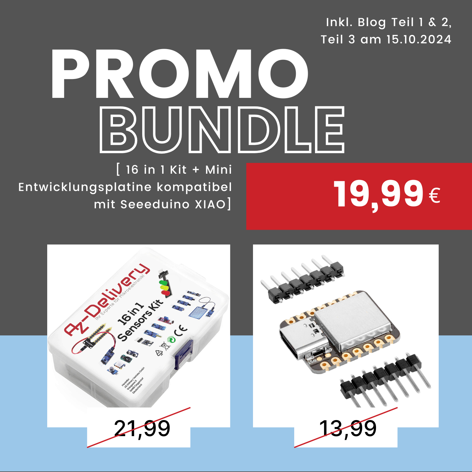 PROMO BUNDLE: Hochwertige Mini Entwicklungsplatine mit verschiedenen Schnittstellen kompatibel mit Seeeduino Xiao mit dem 16 in 1 Kit passend zu unserer neuen Blogreihe heute im Angeobt!