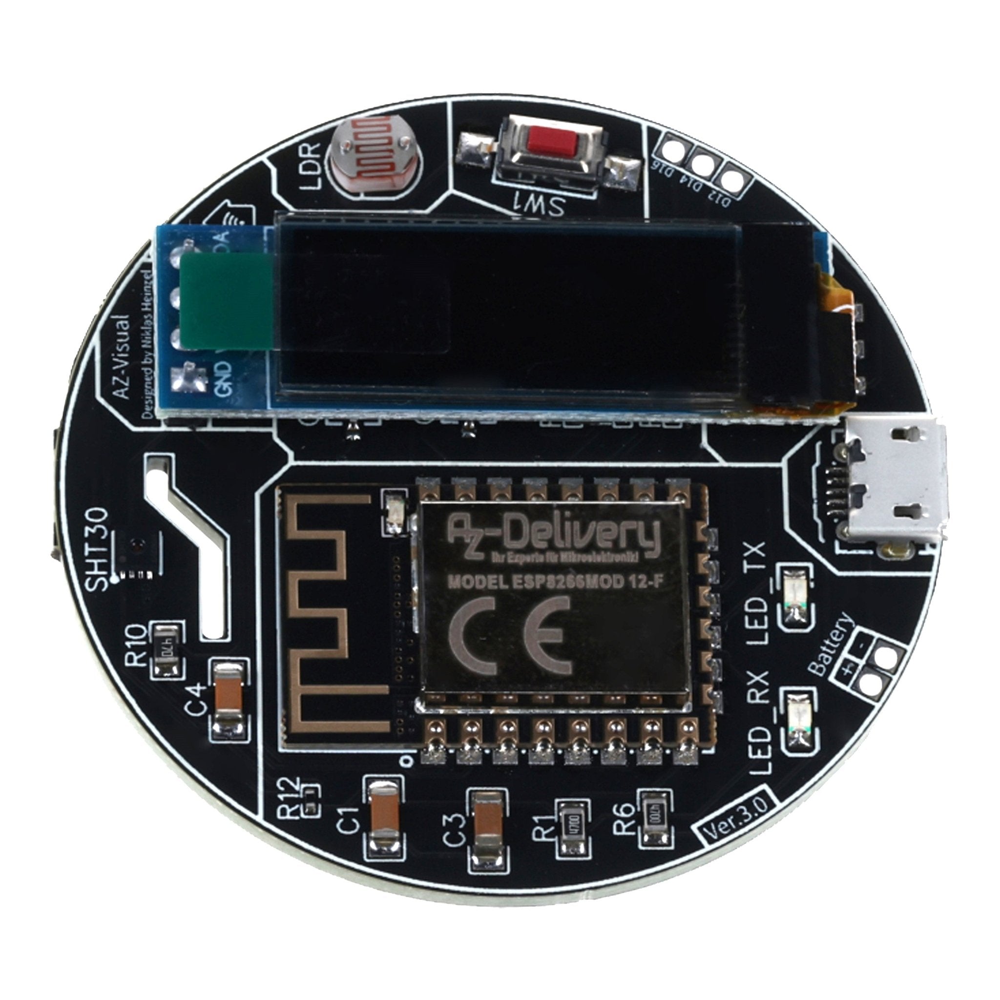 AZ - Visual – ESP8266 - 12F Entwicklungsboard mit Temperatur - , Luftfeuchtigkeits - und Umgebungslichtsensor (SHT30 und LDR) + OLED - Display 0.91“ - AZ - Delivery