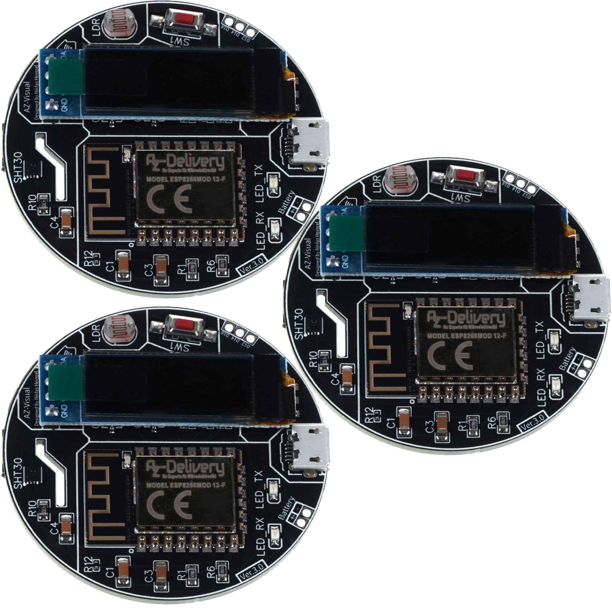 AZ - Visual – ESP8266 - 12F Entwicklungsboard mit Temperatur - , Luftfeuchtigkeits - und Umgebungslichtsensor (SHT30 und LDR) + OLED - Display 0.91“ - AZ - Delivery