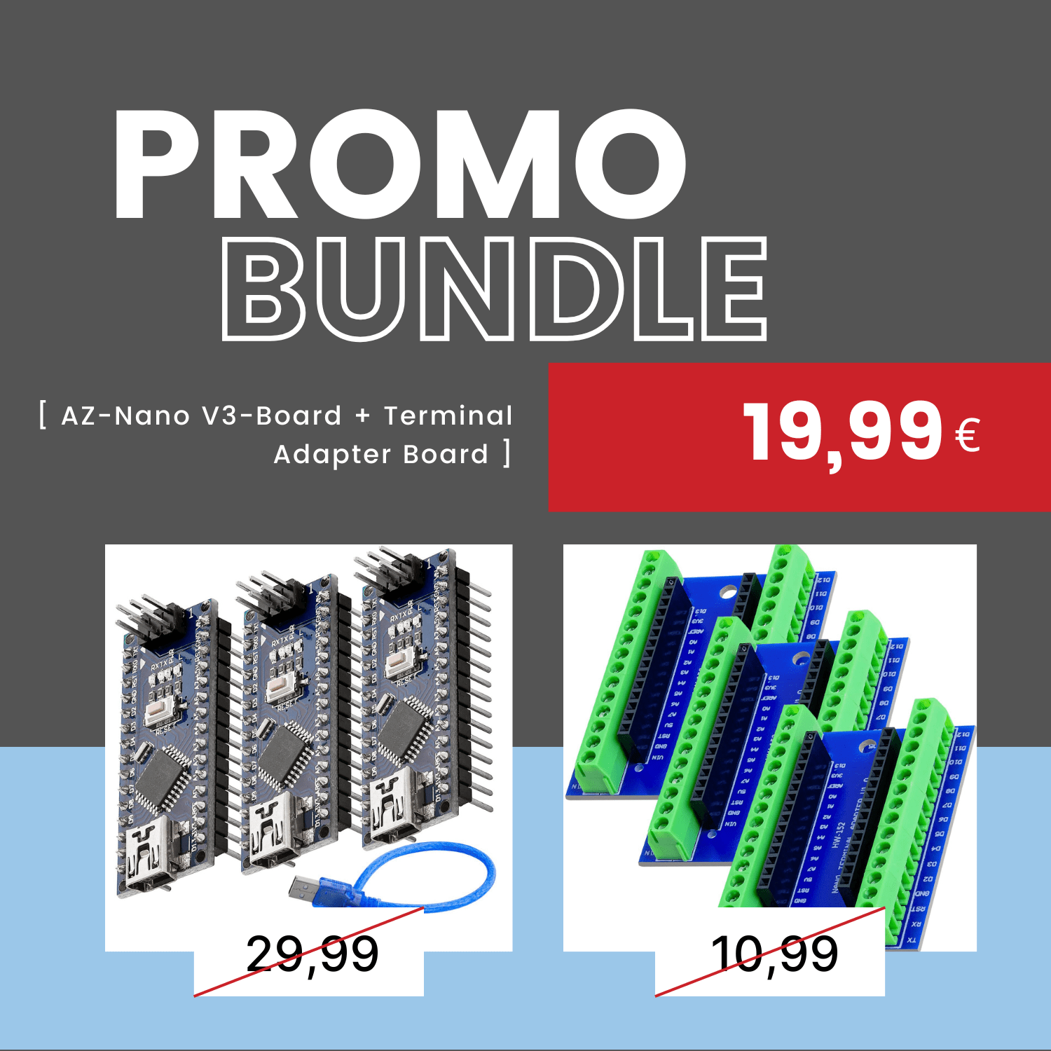 Promo Bundle: AZ - Nano V3 - Board Atmega328 CH340 fertig verlötete + Terminal Adapter Board - AZ - Delivery